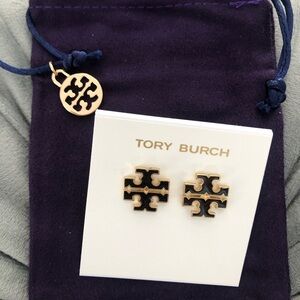 Tory Burch Black and Gold Logo Earrings